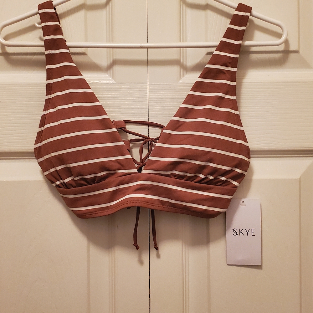 Skye Swimwear Brown and White Striped Bikini Top Medium